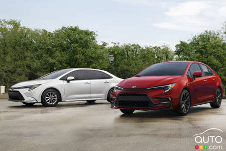 The 2023 Toyota Corolla Hybrid (in red), next to the non-hybrid 2023 sedan (in white)